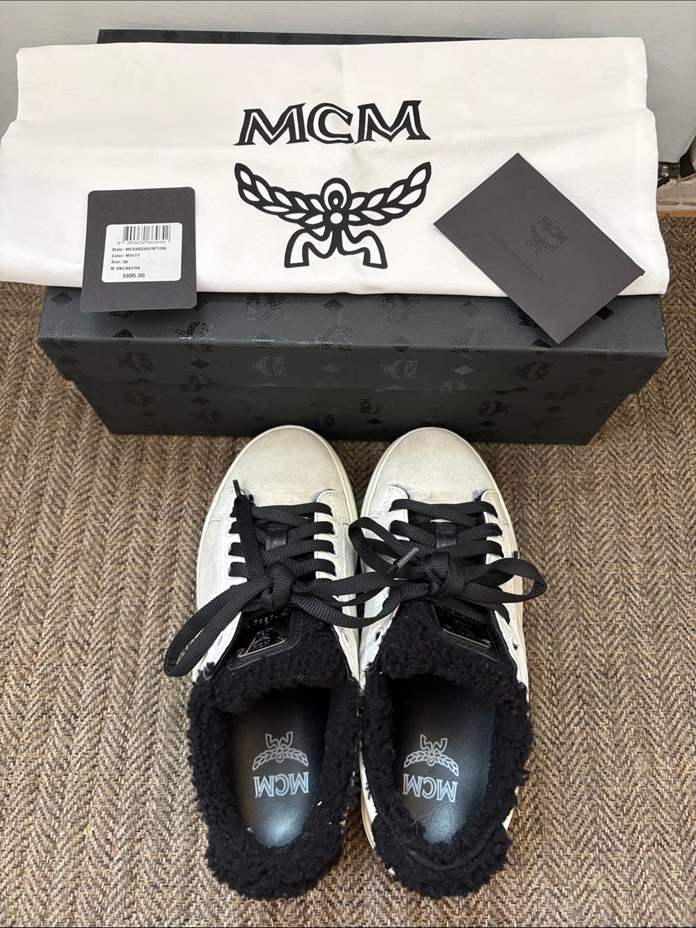MCM Women’s Size 36 - US 6 White and Black Logo Sneakers with Plush Collar